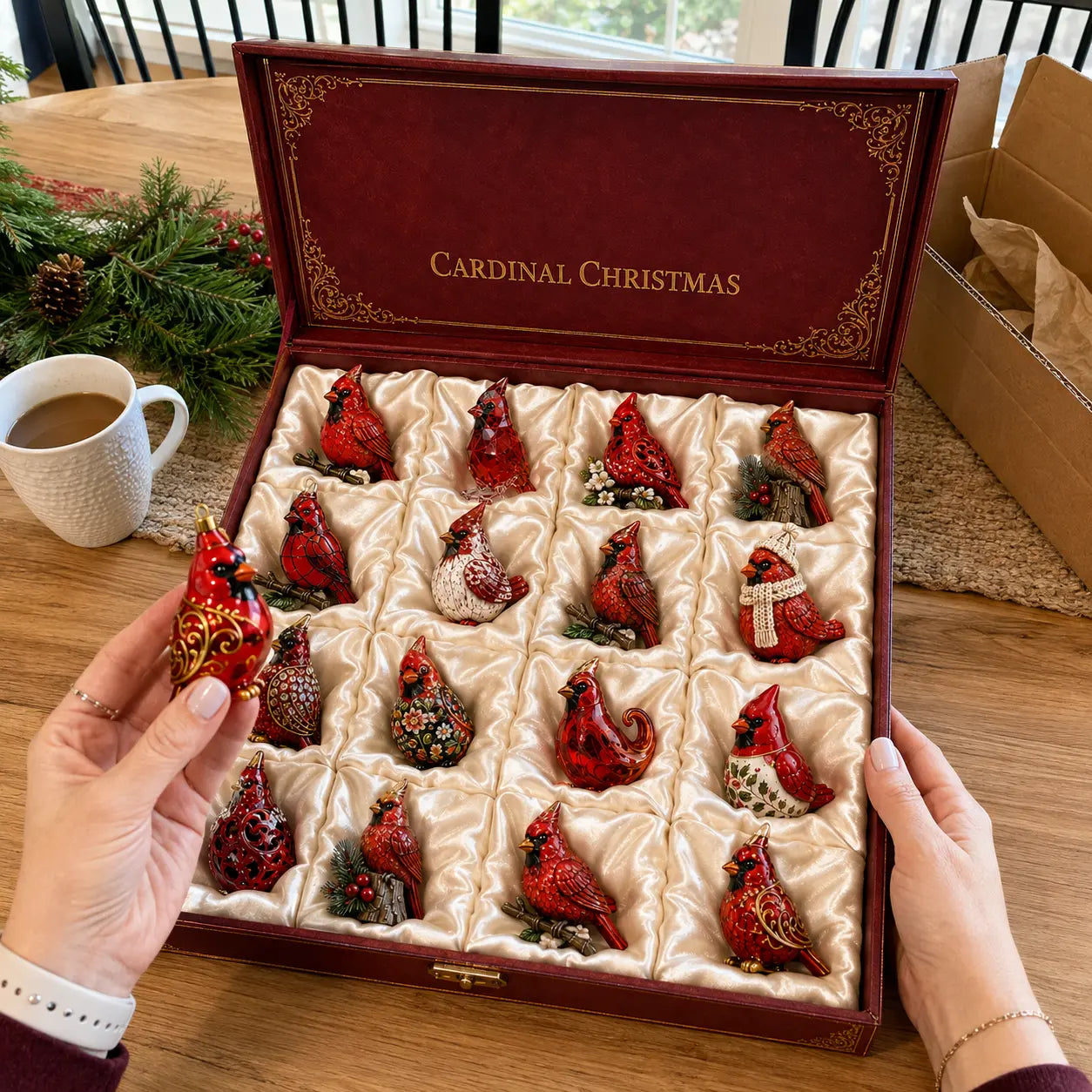 Customer opening the cardinal ornament collection in its presentation box