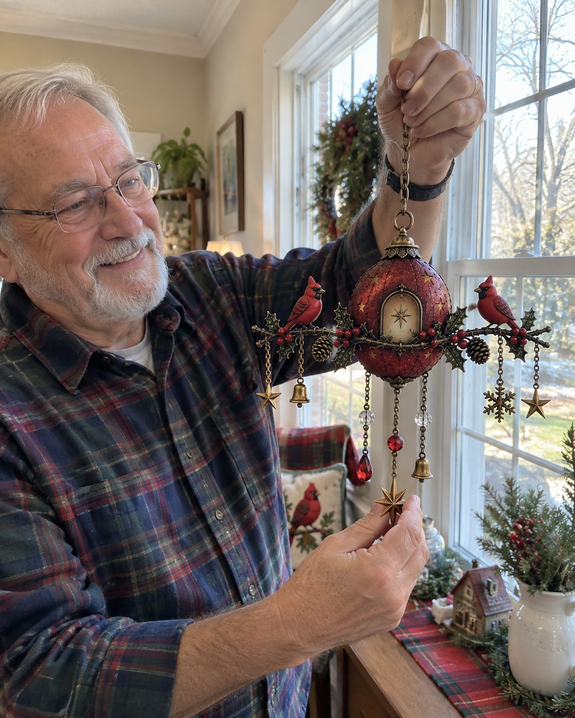 Customer holding cardinal Christmas ornament