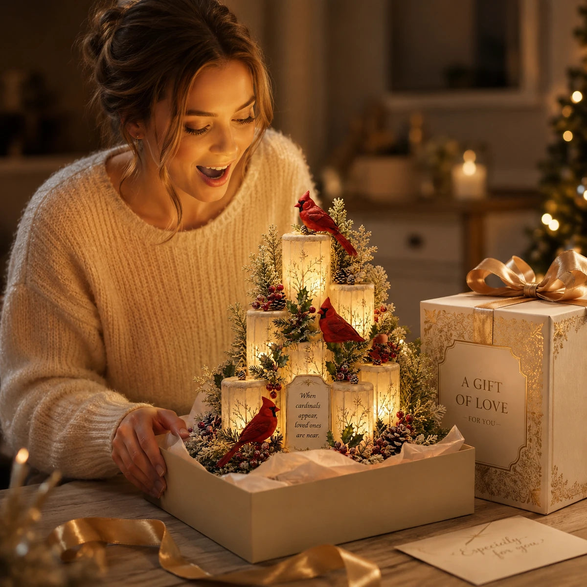 Woman opening a cardinal LED candle centerpiece gift