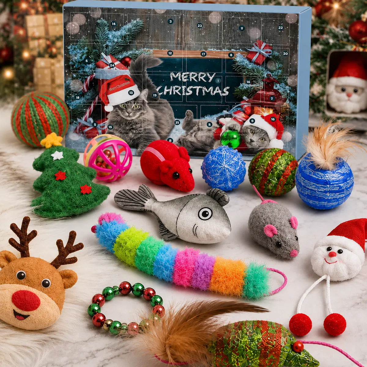 Christmas cat advent calendar with assorted cat toys