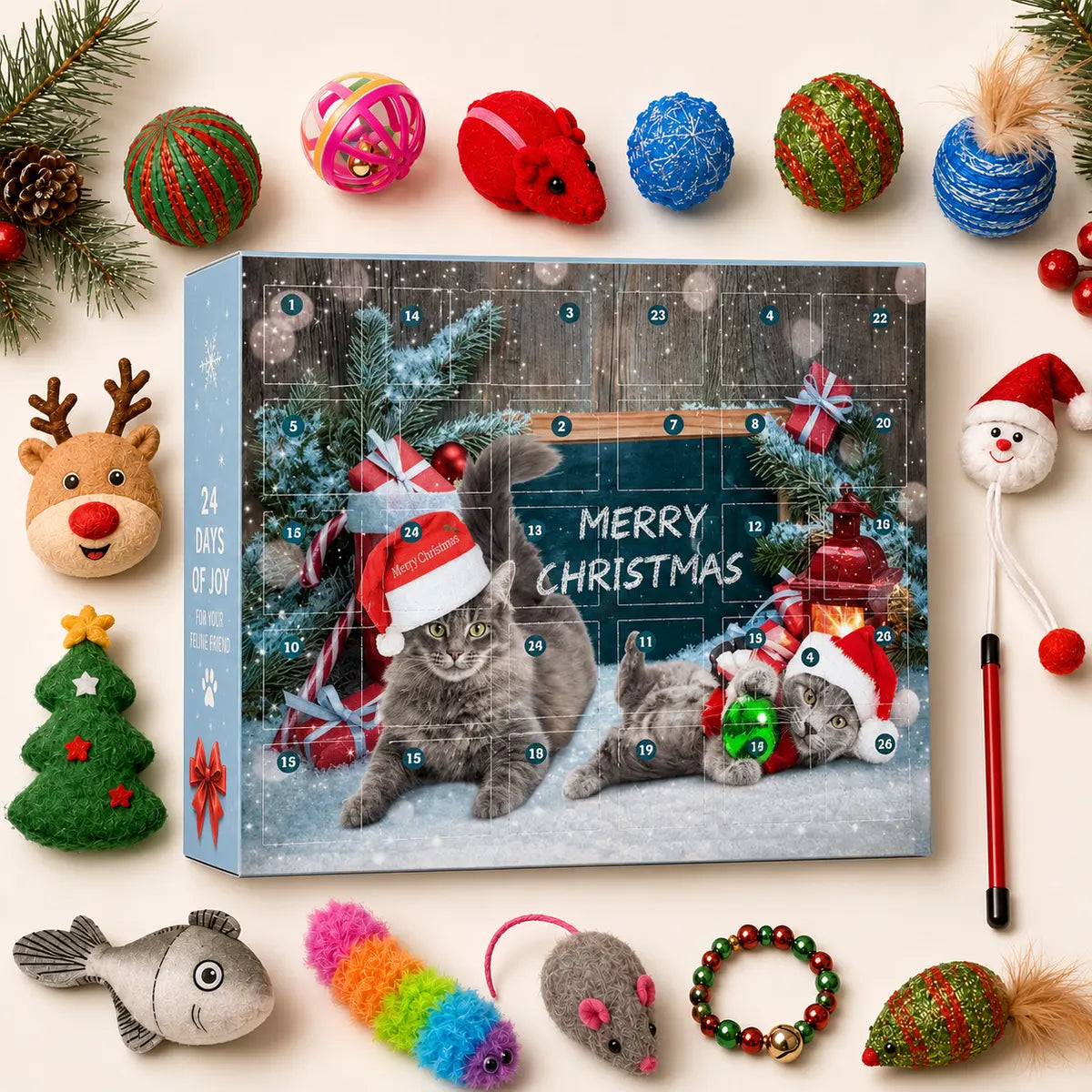 Variety of toys included with the cat advent calendar