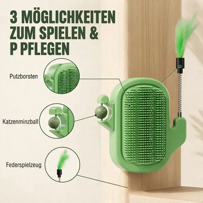 3-in-1-Eck-Massagebürste für Katzen | Wandmontierbare Kratz- und Massagehilfe mit Spielstab (mit Glöckchen) & optionalem Katzenminze-Ball
