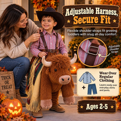Plush Bull Rider Ride‑On Kids Costume, Adjustable Harness Toddler Halloween Outfit