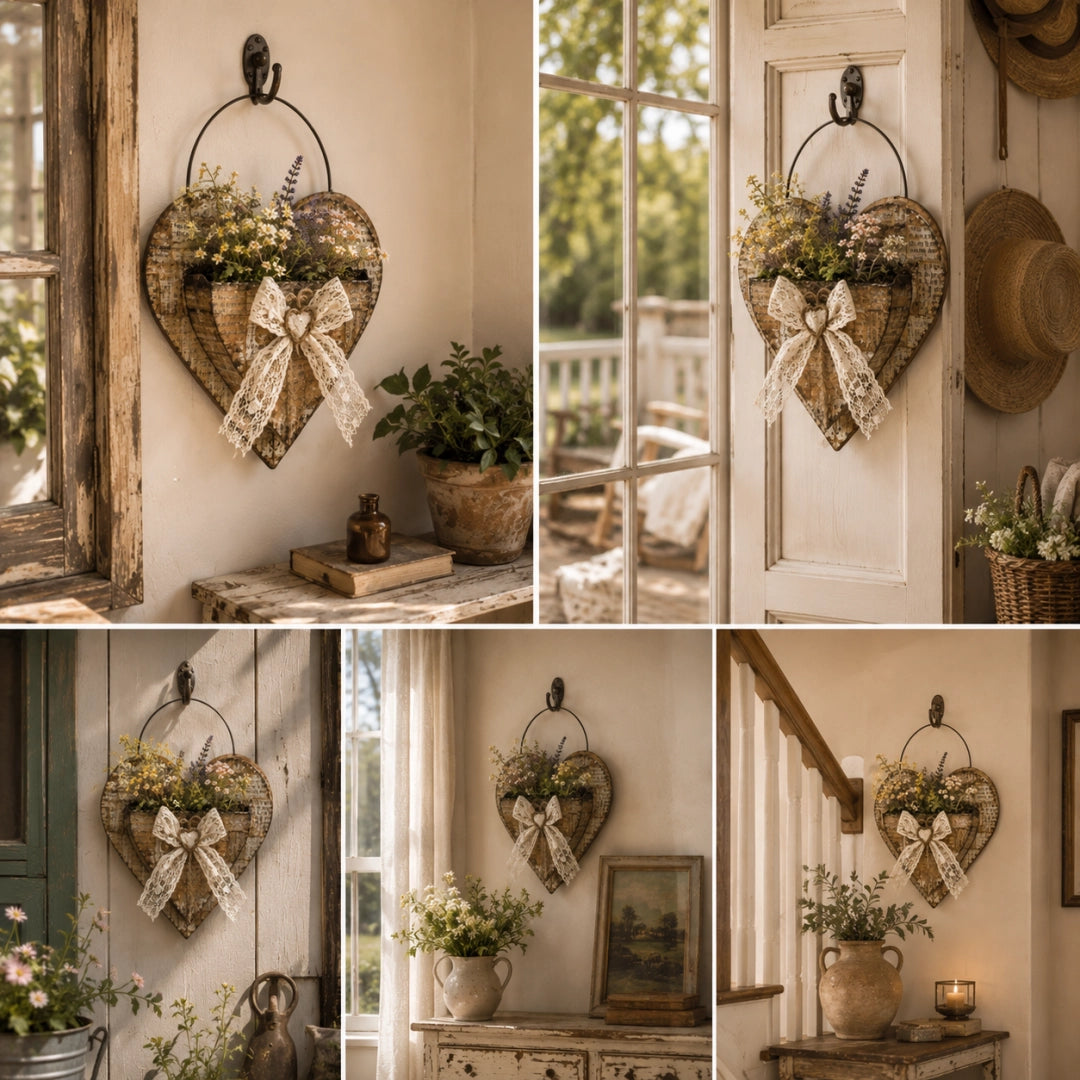 Vintage Farmhouse Heart Wall Planter with Lace Bow