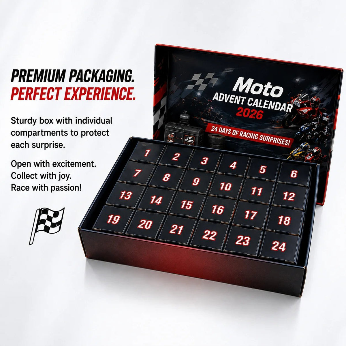 Open MOTO advent calendar with 24 numbered compartments