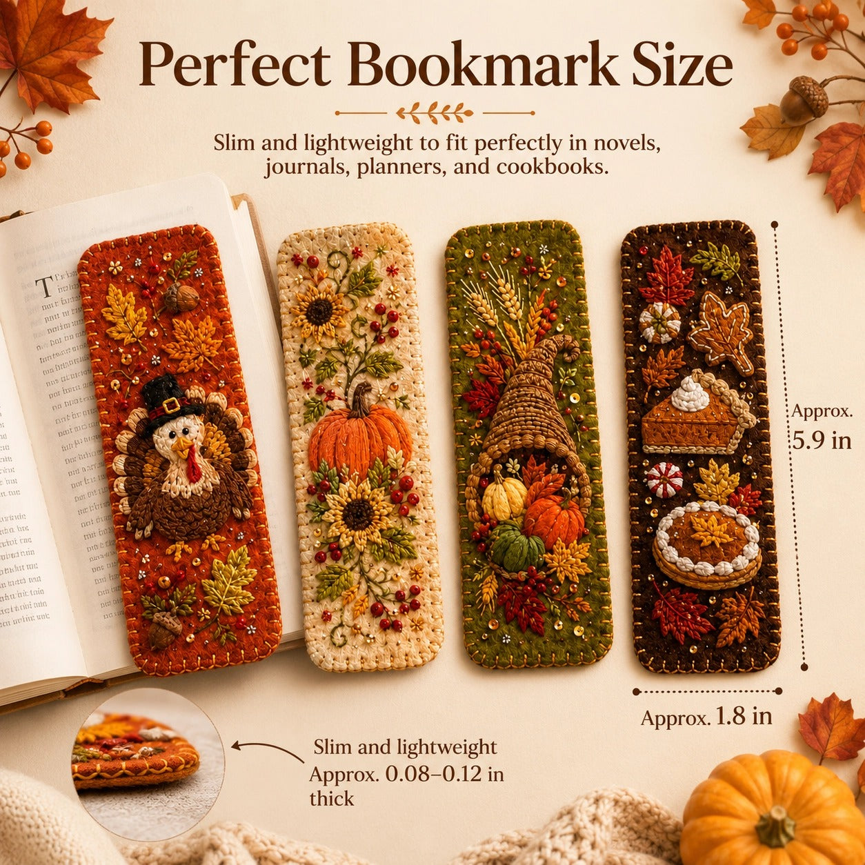 🍁 4-Piece Thanksgiving Embroidered Felt Bookmark Set
