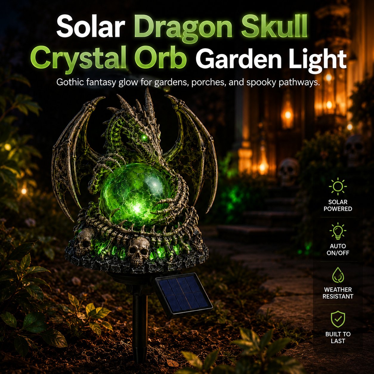 🐉💀 Solar Dragon Skull Crystal Orb Garden Light