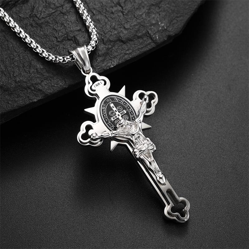 ✝️ Faith & Strength Cross Pendant – Saint Benedict-Inspired Stainless Steel Necklace