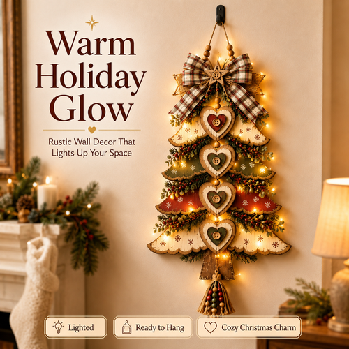 🎄Rustic Wooden Christmas Tree Wall Hanging Ornament 🎀 | Light‑Up & Non‑Light Versions Farmhouse Xmas Door Hanger with Plaid Bow & Heart Decor