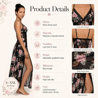 Sheer Floral Rose Print Maxi Dress
