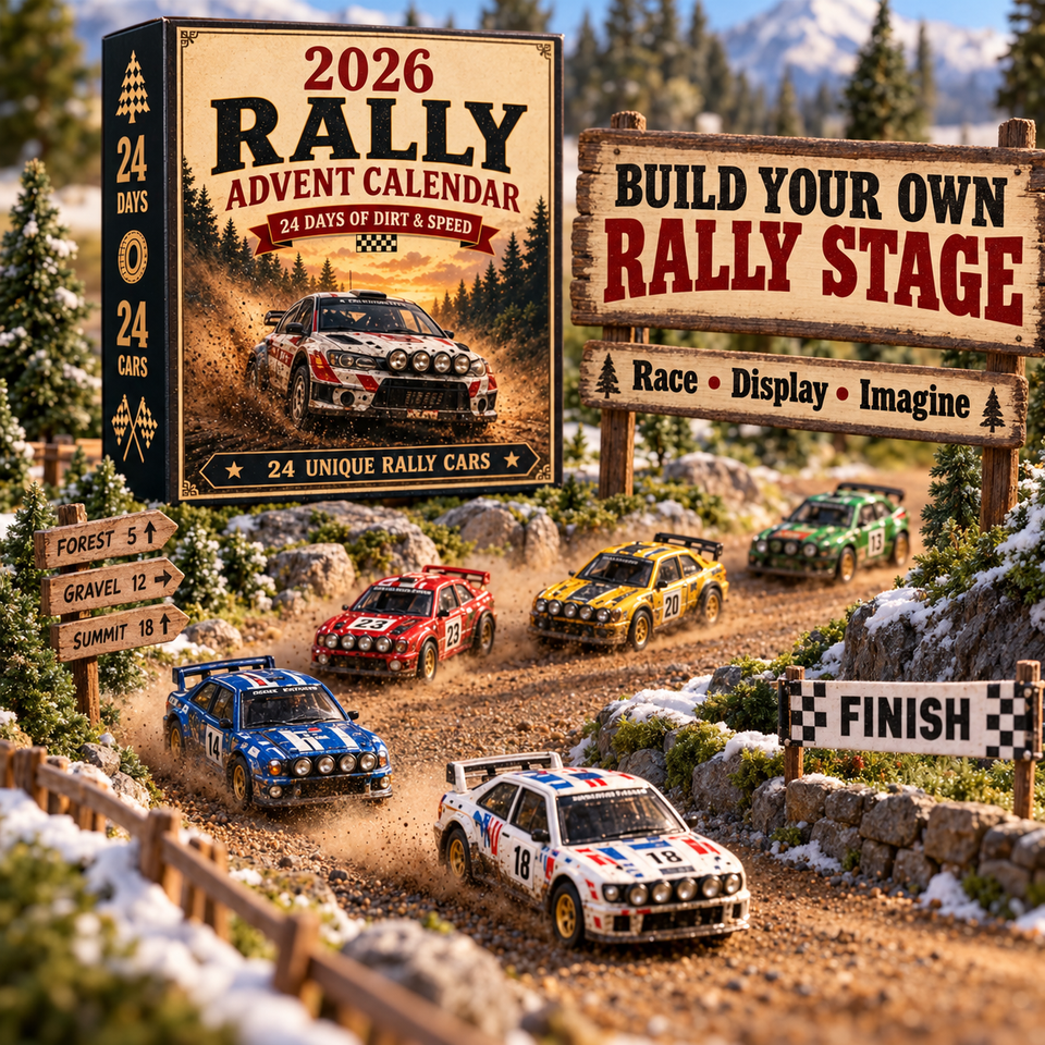Miniature rally cars on a forest rally stage