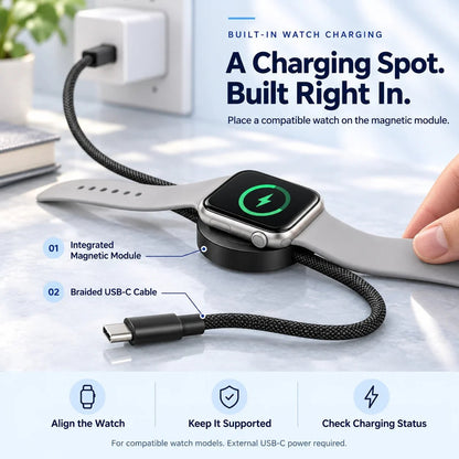 🔌 3-in-1 USB-C Charging Cable with Built-In Watch Charger – 5FT Braided Travel Cord for Compatible Phones, Watches & Earbud Cases