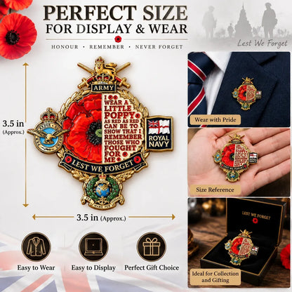 🎖️British Armed Forces “Lest We Forget” Remembrance Poppy Badge | 3.5-Inch 3D Metal Tribute with Army, Navy, RAF & Royal Marines-Inspired Details
