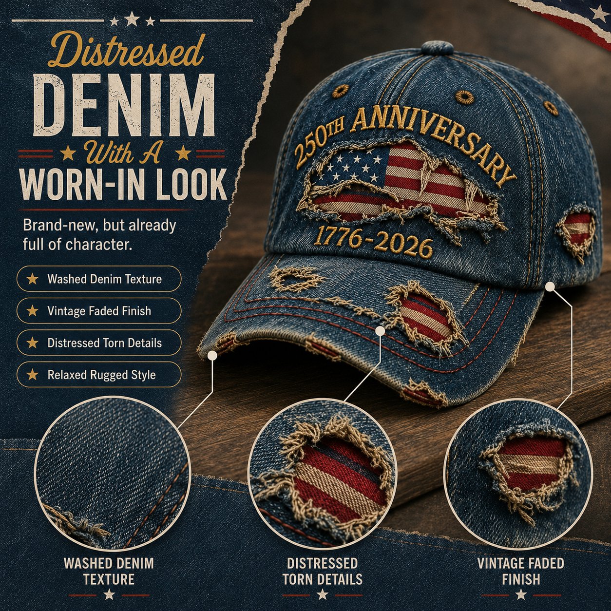 🇺🇸250th Anniversary 1776-2026 Handmade Distressed Denim Baseball Cap🧢