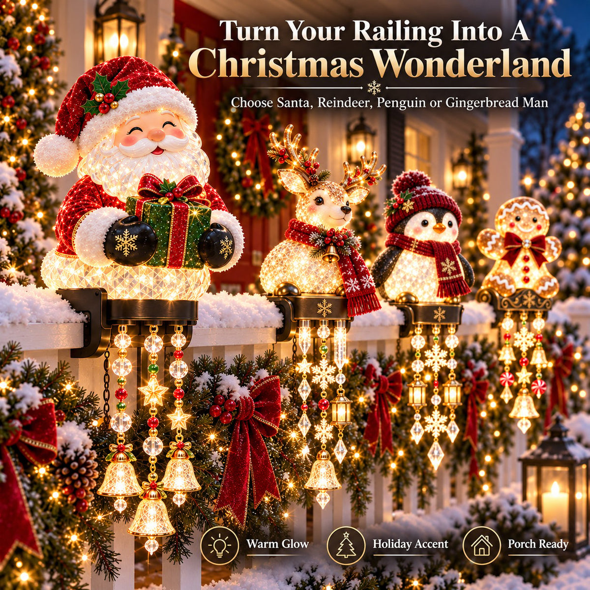 Santa Christmas railing decoration during day and night