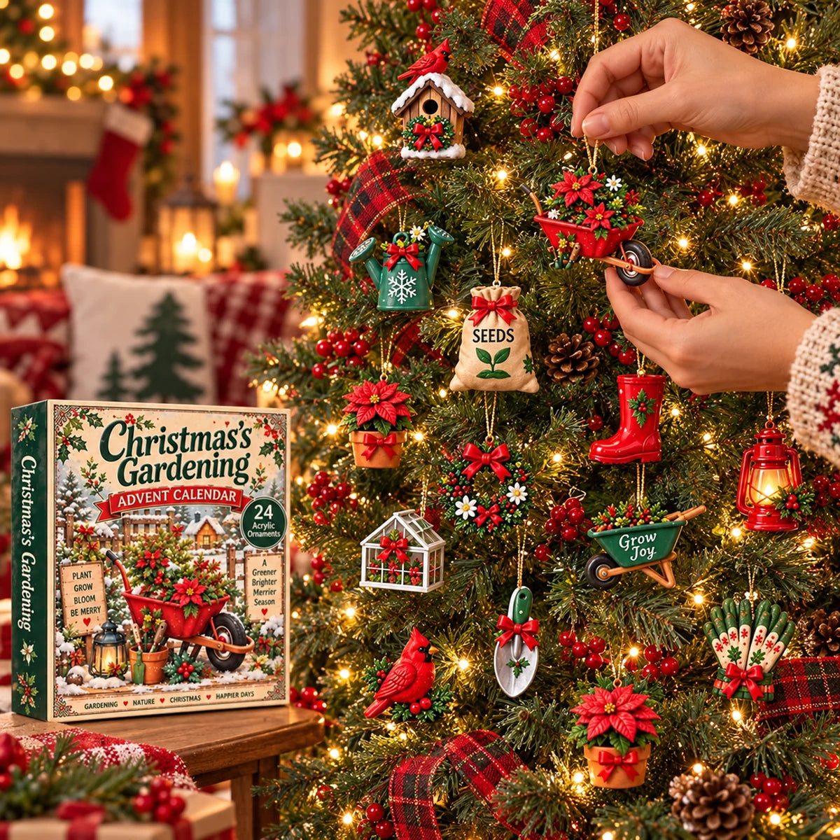 Gardening ornaments hanging on a Christmas tree