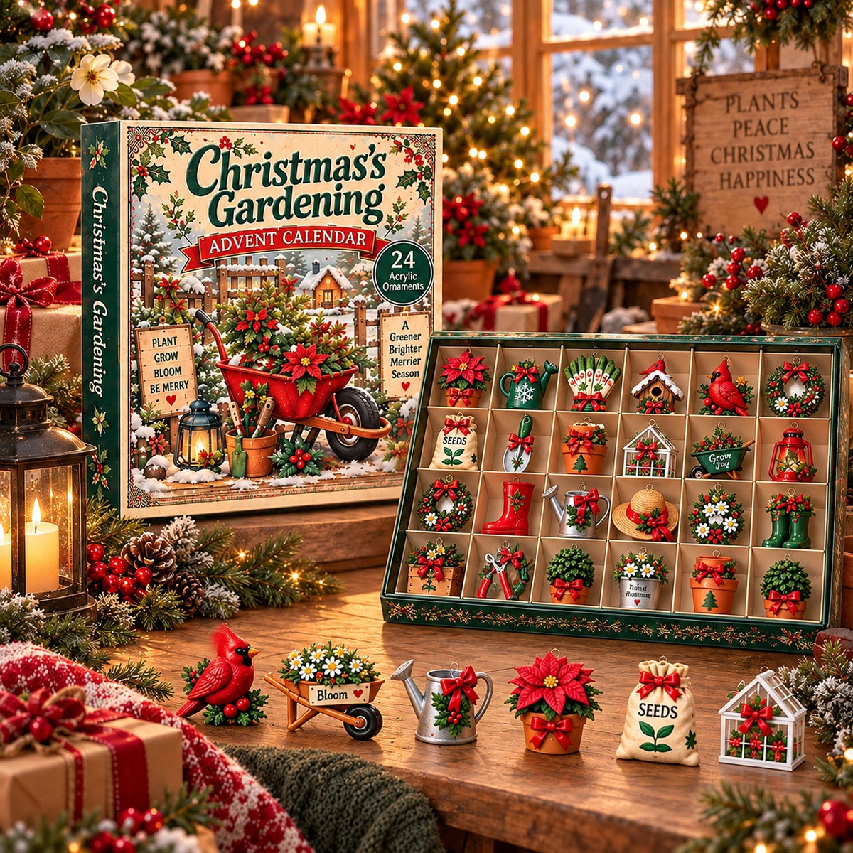 Open Christmas gardening advent calendar with compartments