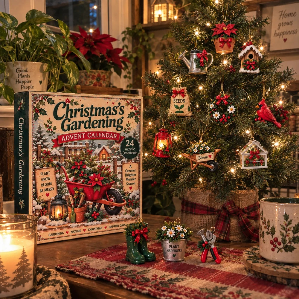 Gardening advent calendar displayed beside a decorated Christmas tree