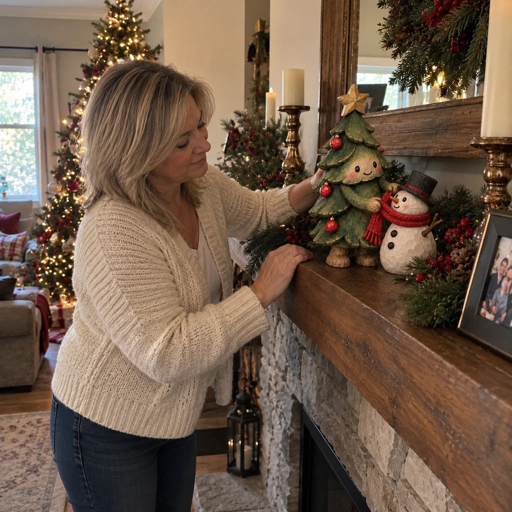 Christmas Tree and Snowman figurine displayed with seasonal garland on mantel