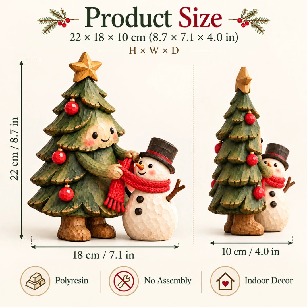 Christmas Tree and Snowman figurine size diagram front and side: 22 by 18 by 10 centimeters
