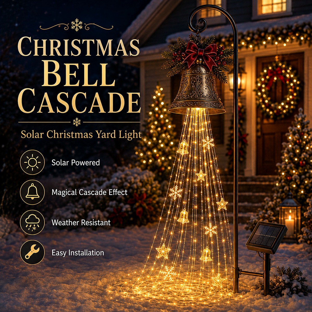 Christmas Bell Cascade glowing in a snowy front yard