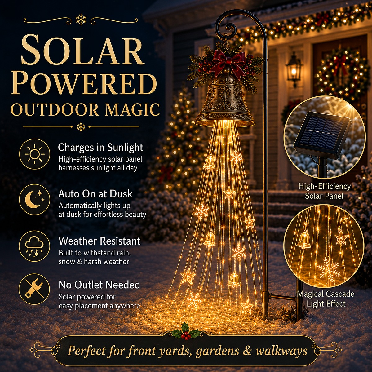 Solar powered Christmas bell yard light with solar panel
