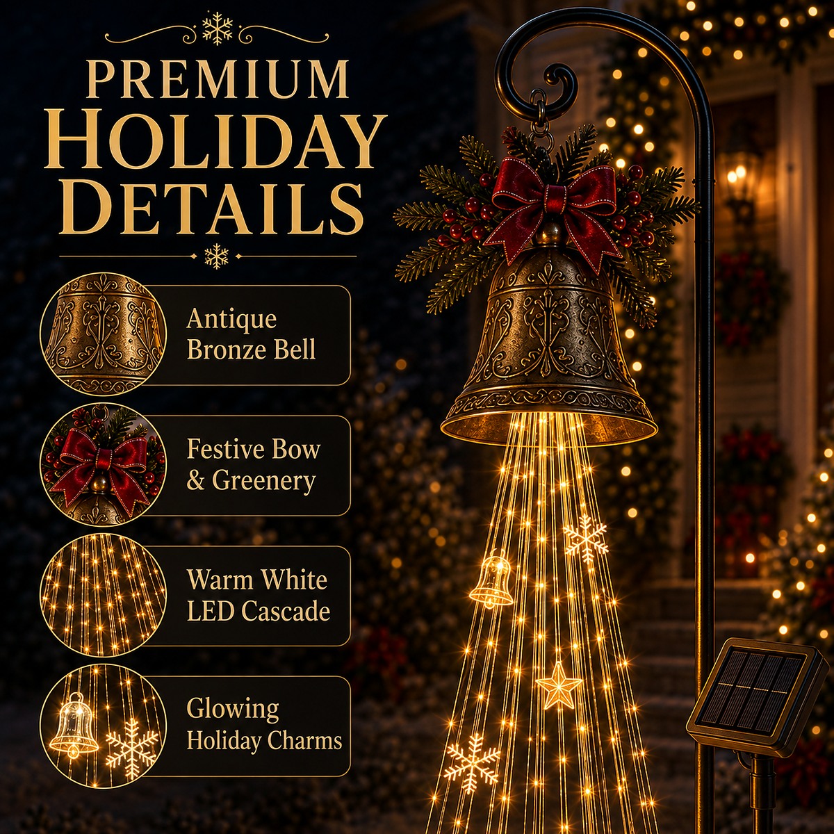Close-up details of the bronze bell, bow and warm cascade lights
