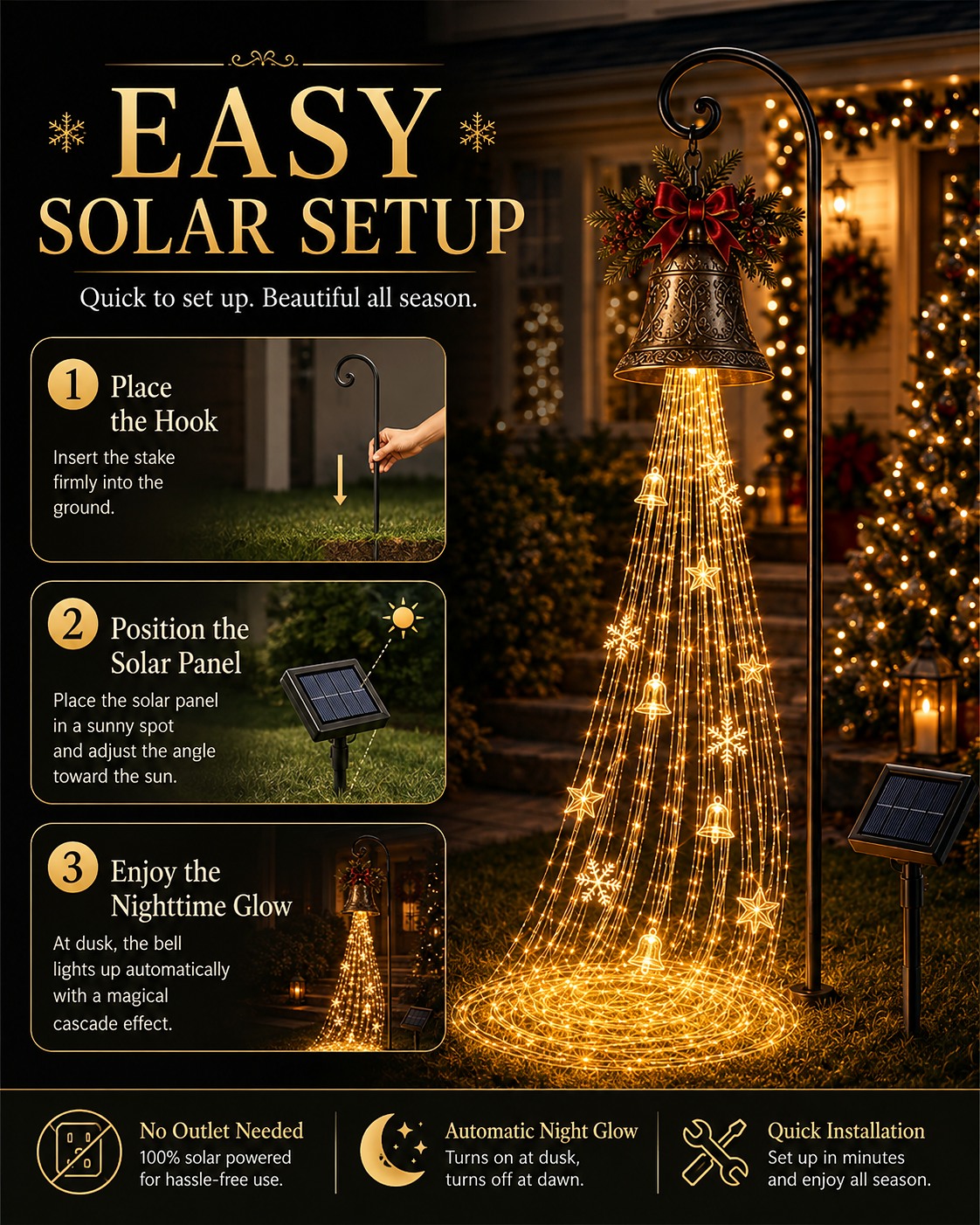 Three-step setup guide for the solar Christmas Bell Cascade