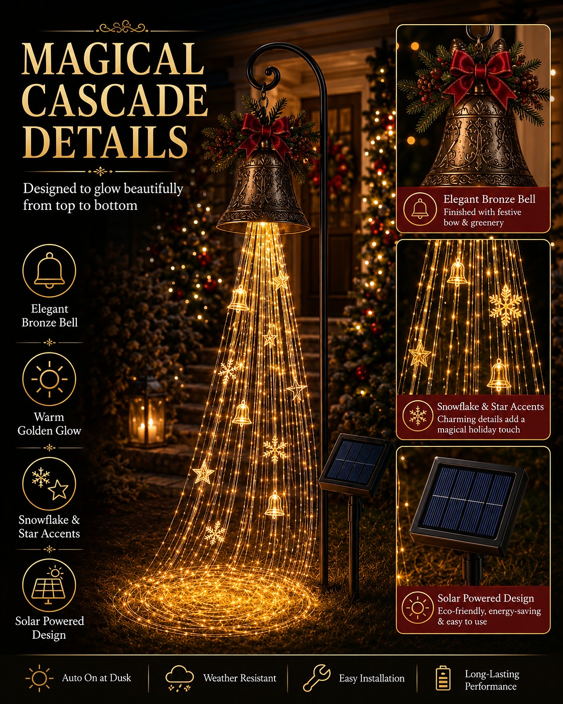 Detailed view of the warm golden cascading Christmas lights