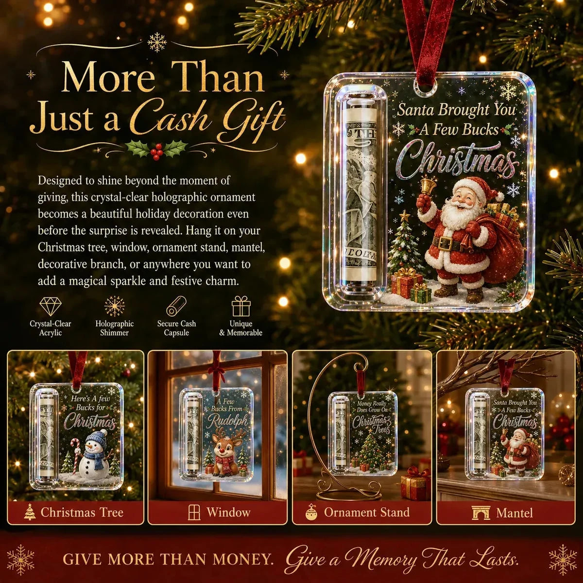 Christmas cash gift ornament used on tree, window, stand, and mantel