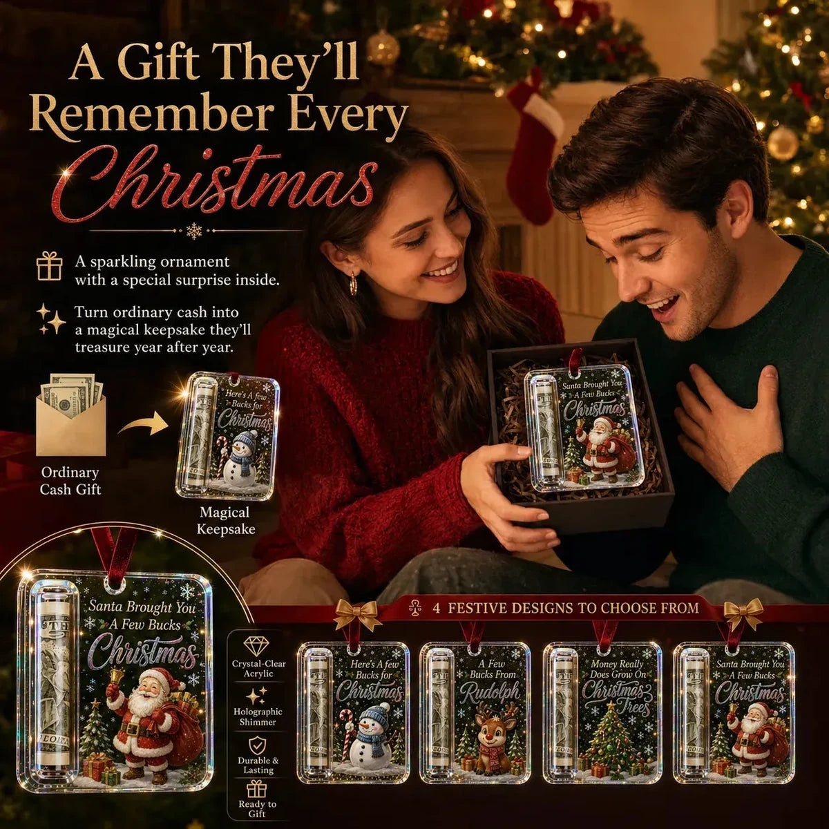 Family opening a Christmas cash gift ornament