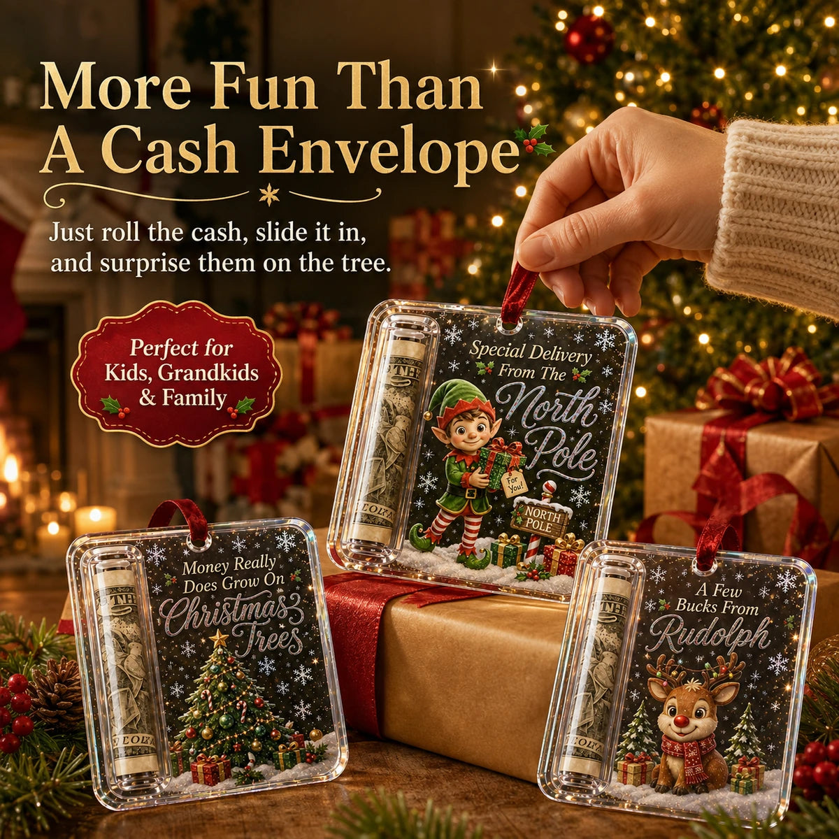 Hand holding Christmas cash gift ornament with rolled cash inside