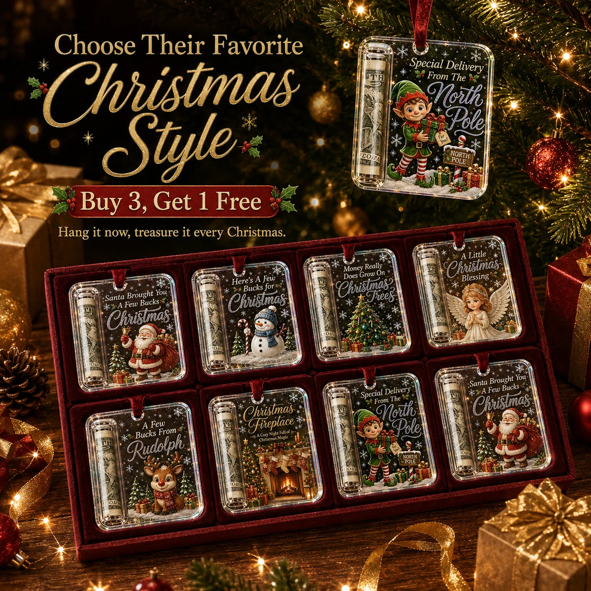 Christmas cash gift ornaments in assorted festive styles