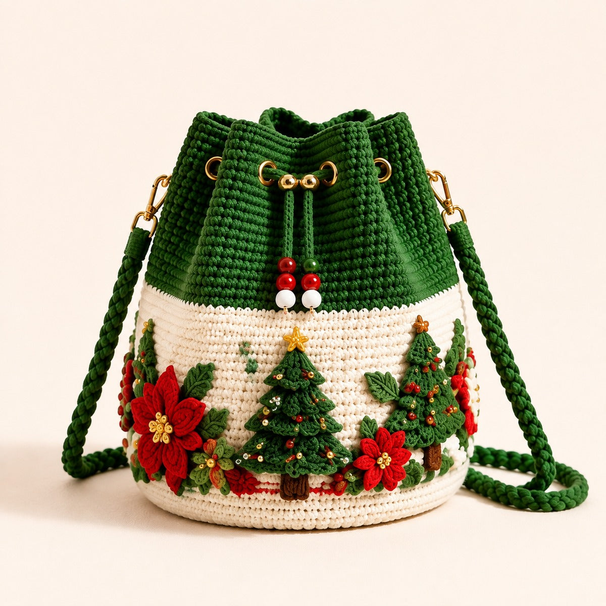 Christmas Tree style crochet bucket crossbody bag