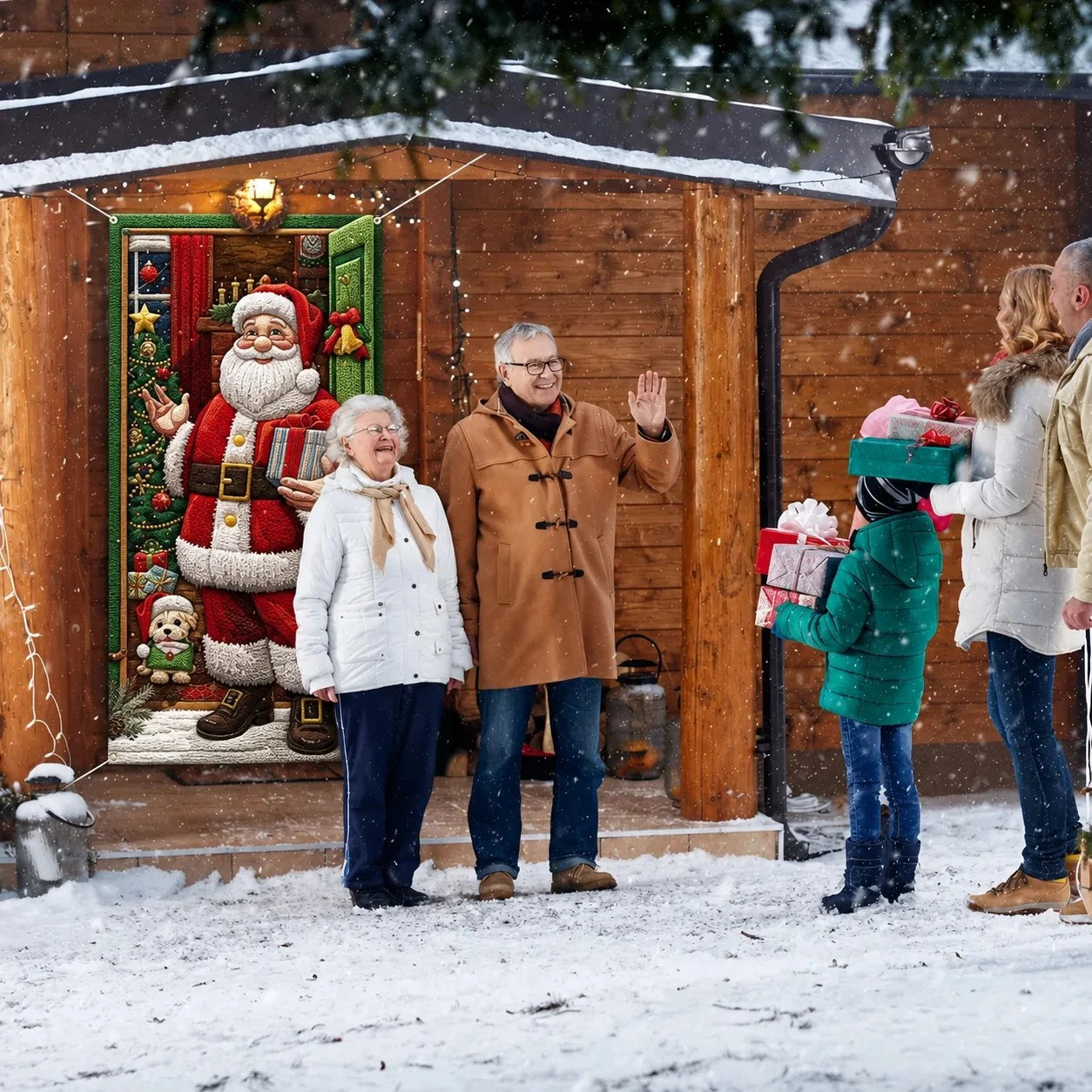 Family arriving at a snowy home with Christmas Santa door decoration