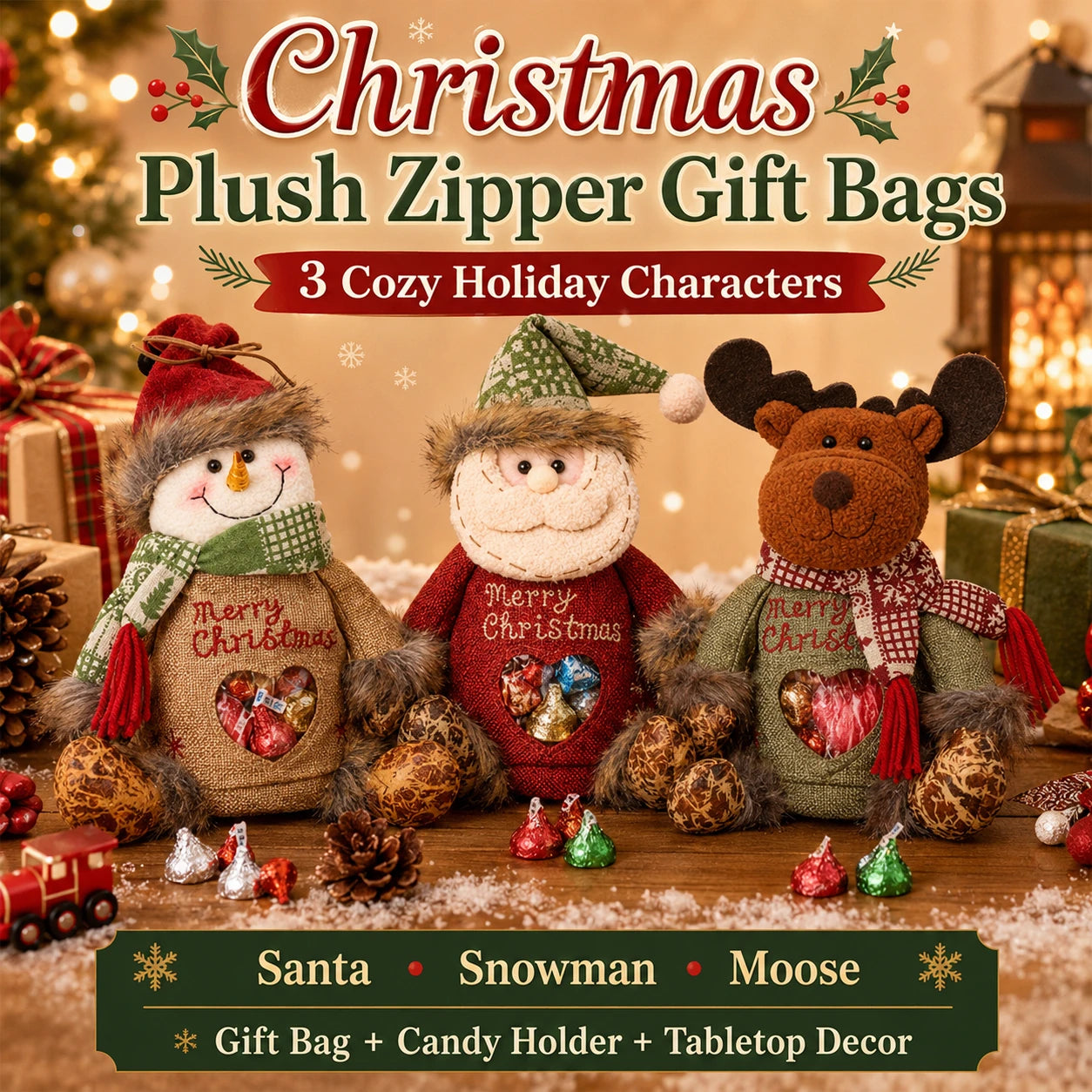 Christmas plush zipper gift bags in Santa, Snowman and Moose styles