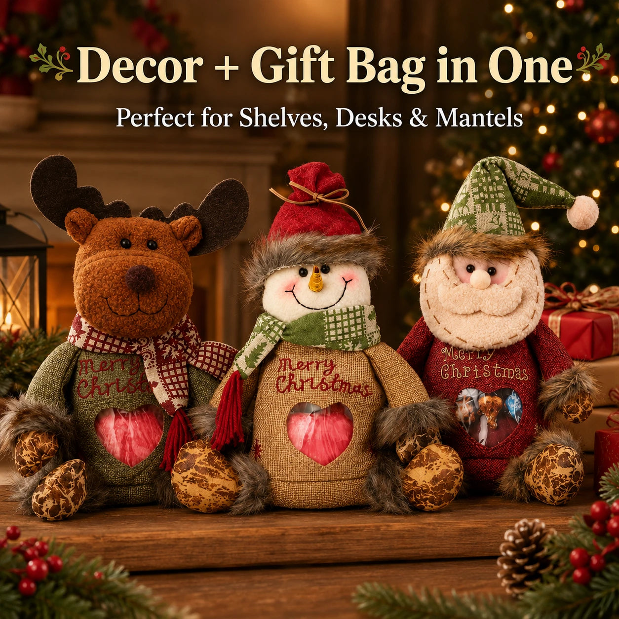 Christmas plush gift bags displayed as holiday tabletop decor