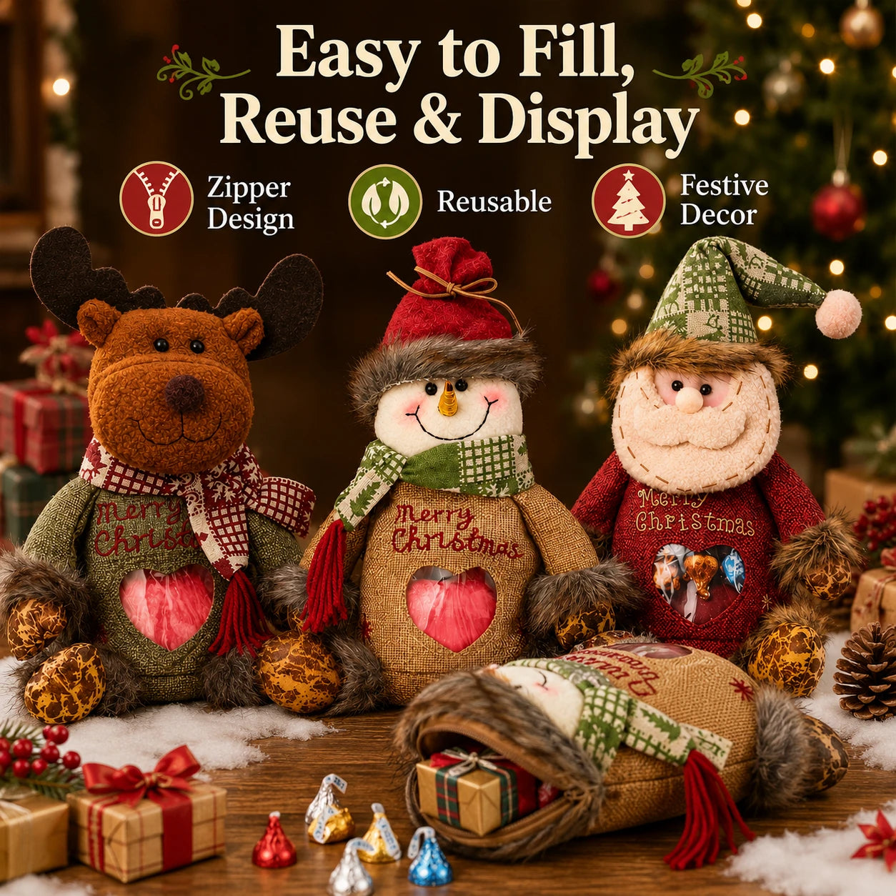 Reusable Christmas plush bags with zipper design