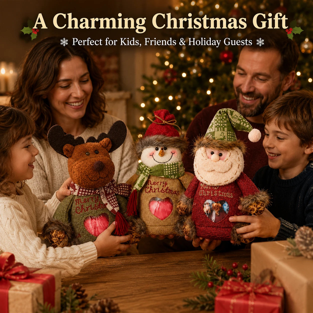 Family enjoying Christmas plush gift bags around a table