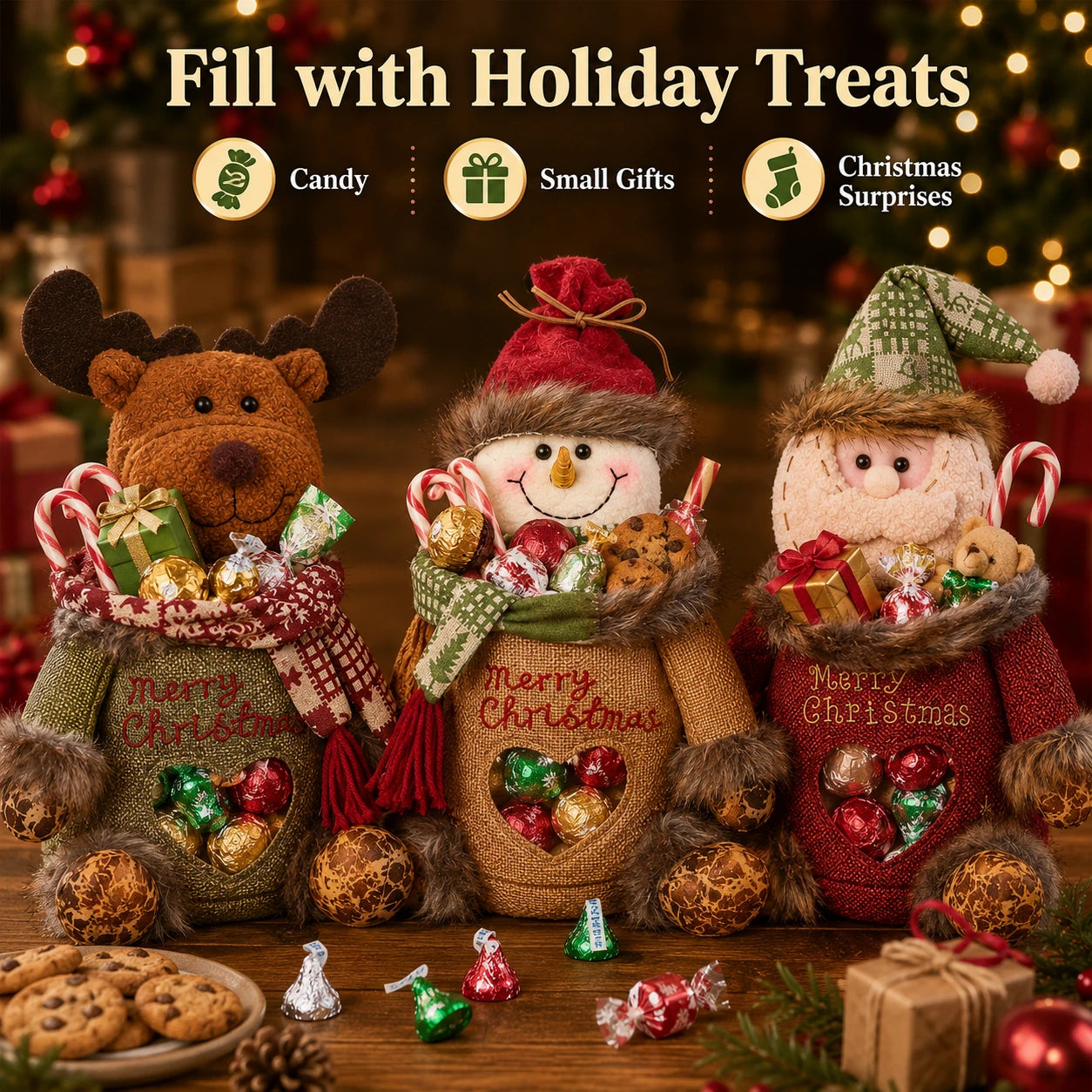 Christmas plush gift bags filled with candy and small gifts