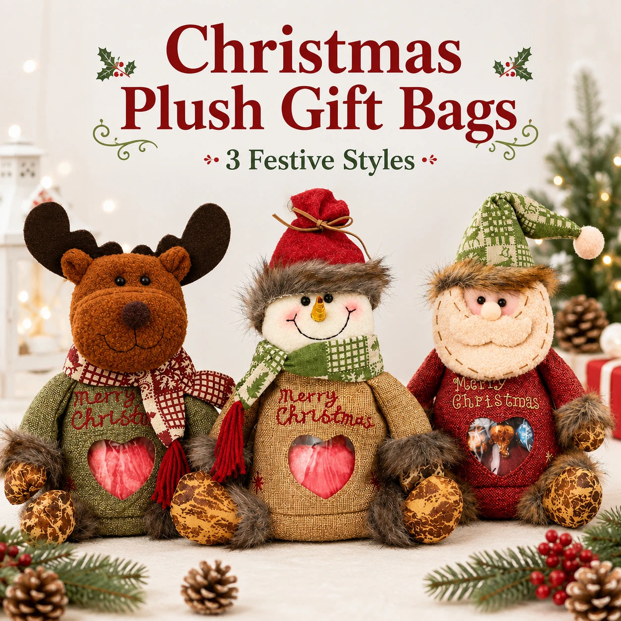 Christmas plush gift bags in three festive styles on a light background