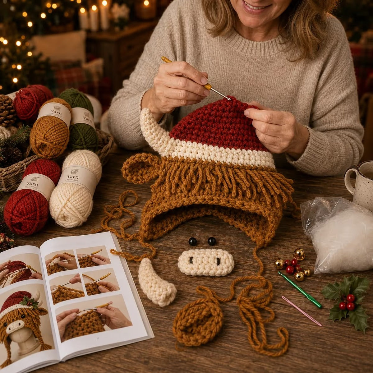 Crafting the Santa Highland Cow hood hat