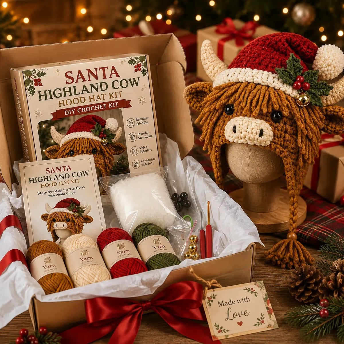 Gift-ready Christmas Highland Cow crochet kit