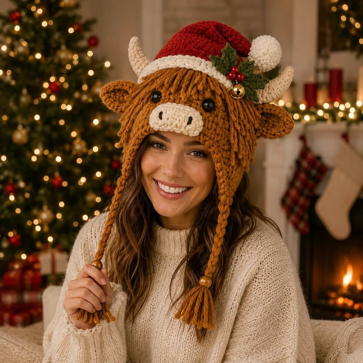 Woman wearing the Christmas Highland Cow hood hat