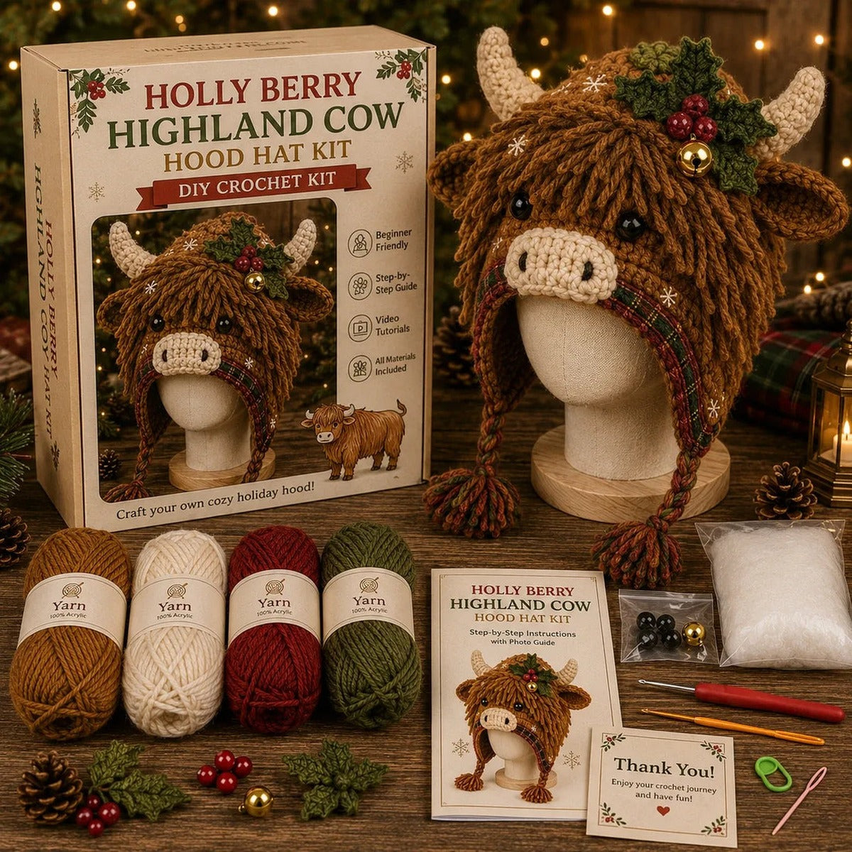 Christmas Highland Cow crochet kit contents