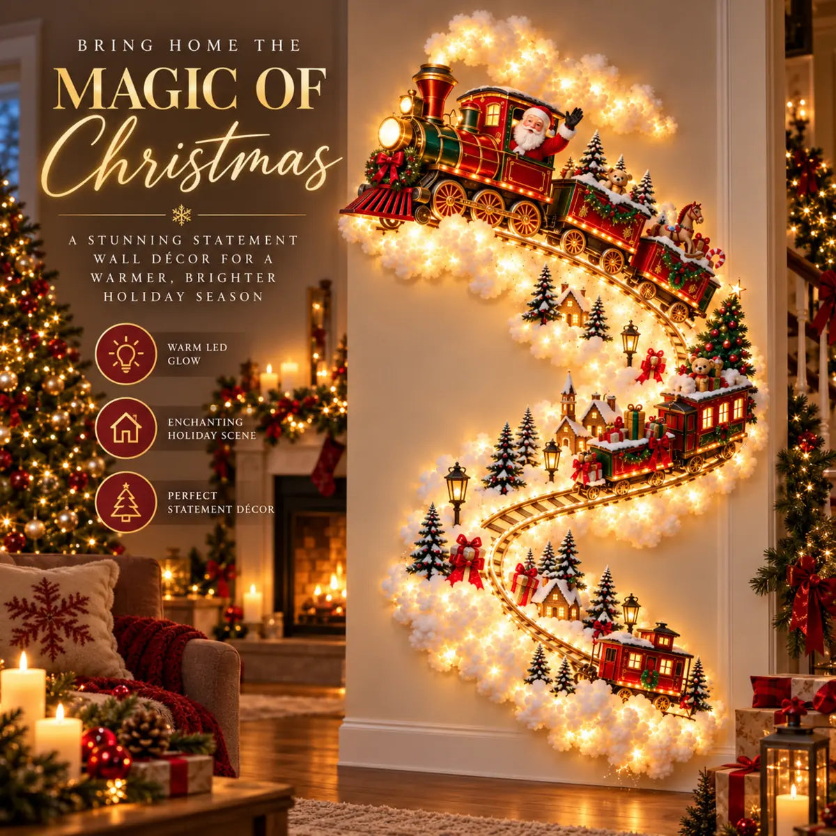Illuminated Santa Christmas train wall display in a warmly decorated living room