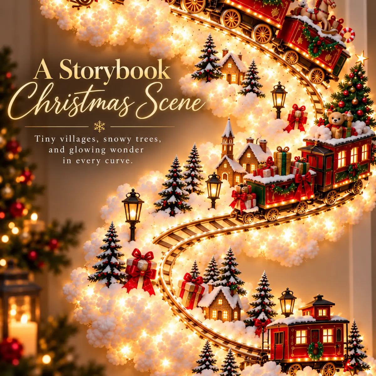 Detailed Christmas train trail with snowy village, gifts, trees, and lanterns