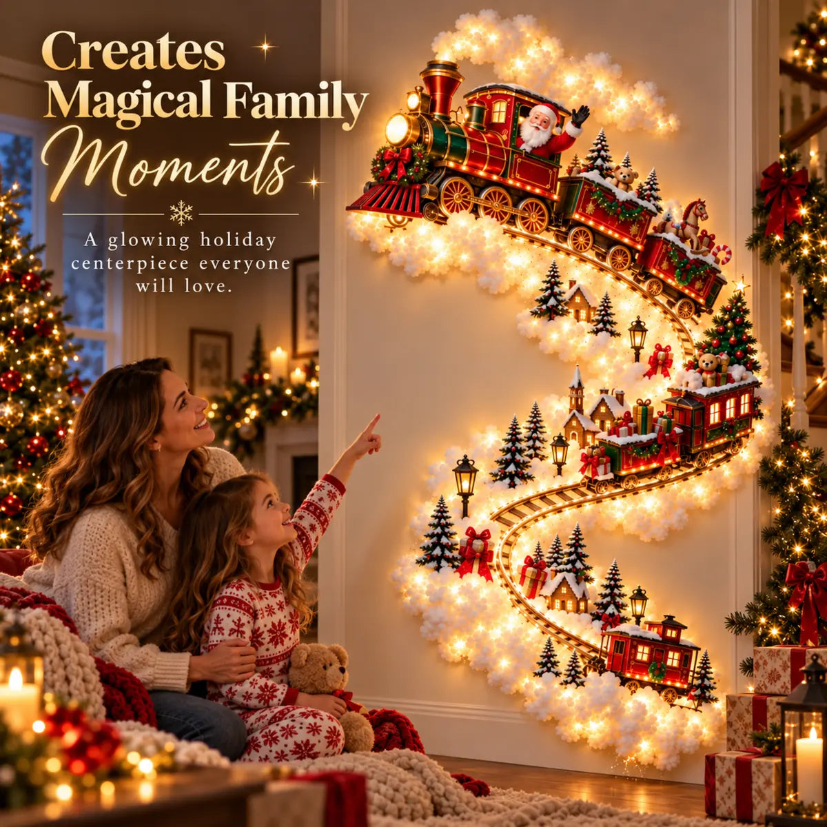Mother and daughter enjoying the glowing Christmas train wall display