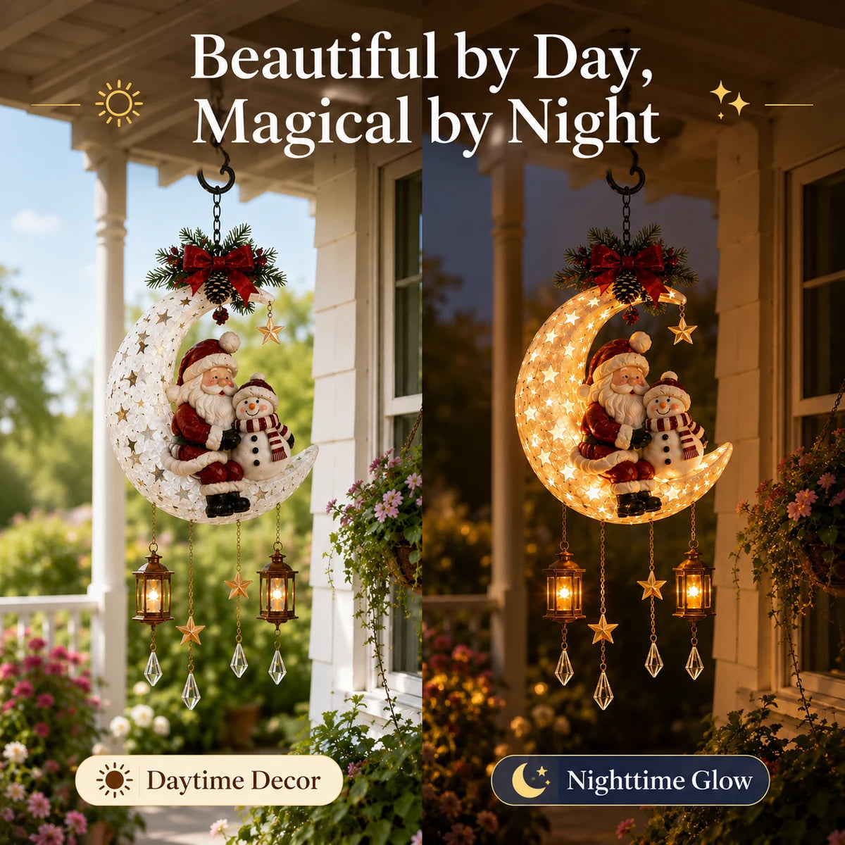 Day and night comparison of Christmas moon hanging decor