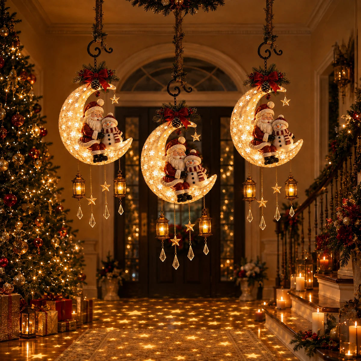 Three glowing Christmas moon decorations displayed together